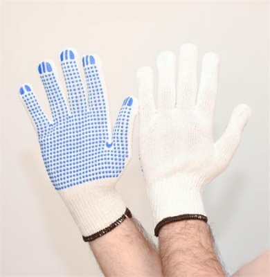 Védőkesztyű, kevertszálas, PVC pöttyözött, XL méret, natúrfehér