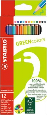 Színes ceruza készlet, hatszögletű, STABILO "GreenColors", 12 különböző szín